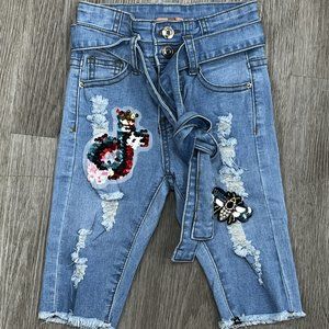 NWT- Denim Bermuda Shorts with belt and sequins designs.
